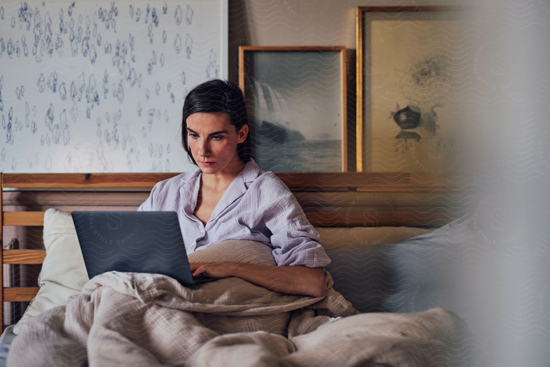 Stock photo of woman sitting on the sofa in pajamas and with a blanket, using her laptop.