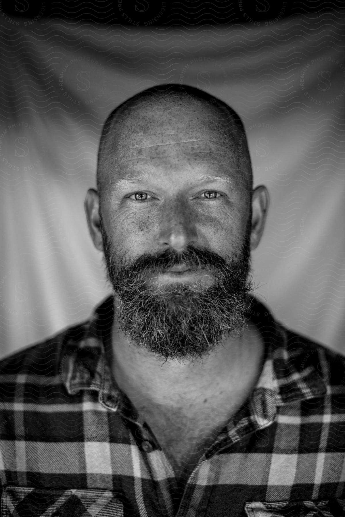 Black-and-white of a man with a mustache and beard wearing a plaid, flannel shirt.