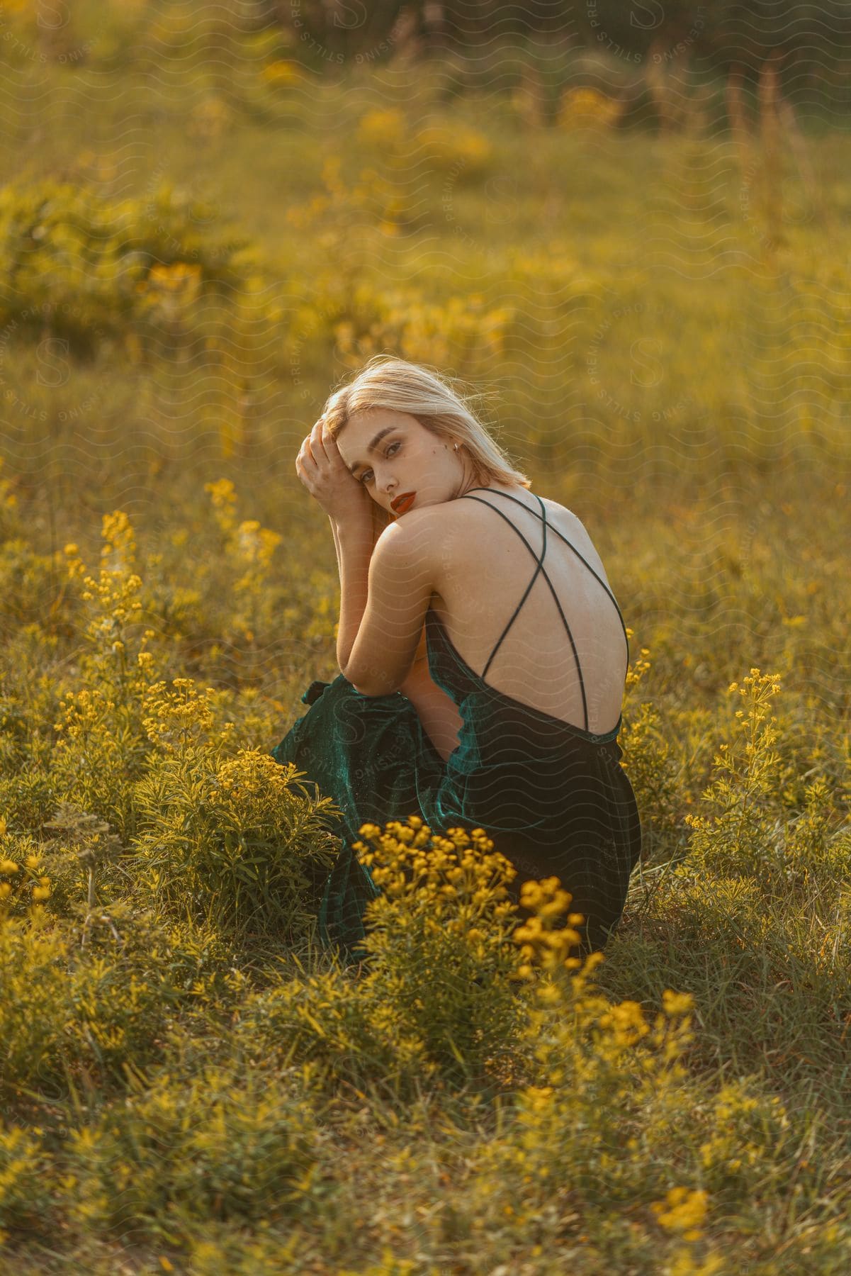 A blonde woman in a dark green dress looks over her shoulder while crouching in a field of grass