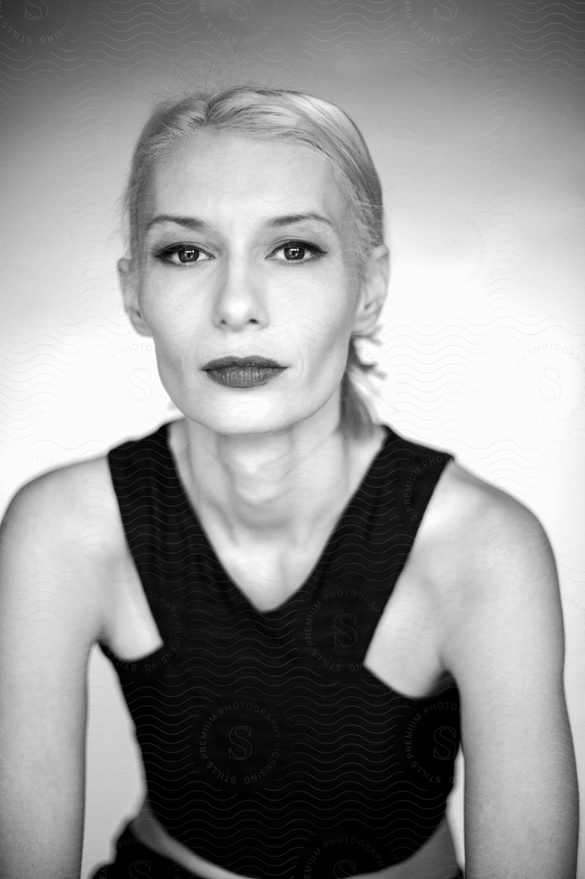 Blonde woman wearing Black Solid Cotton Crop Top smiling slightly