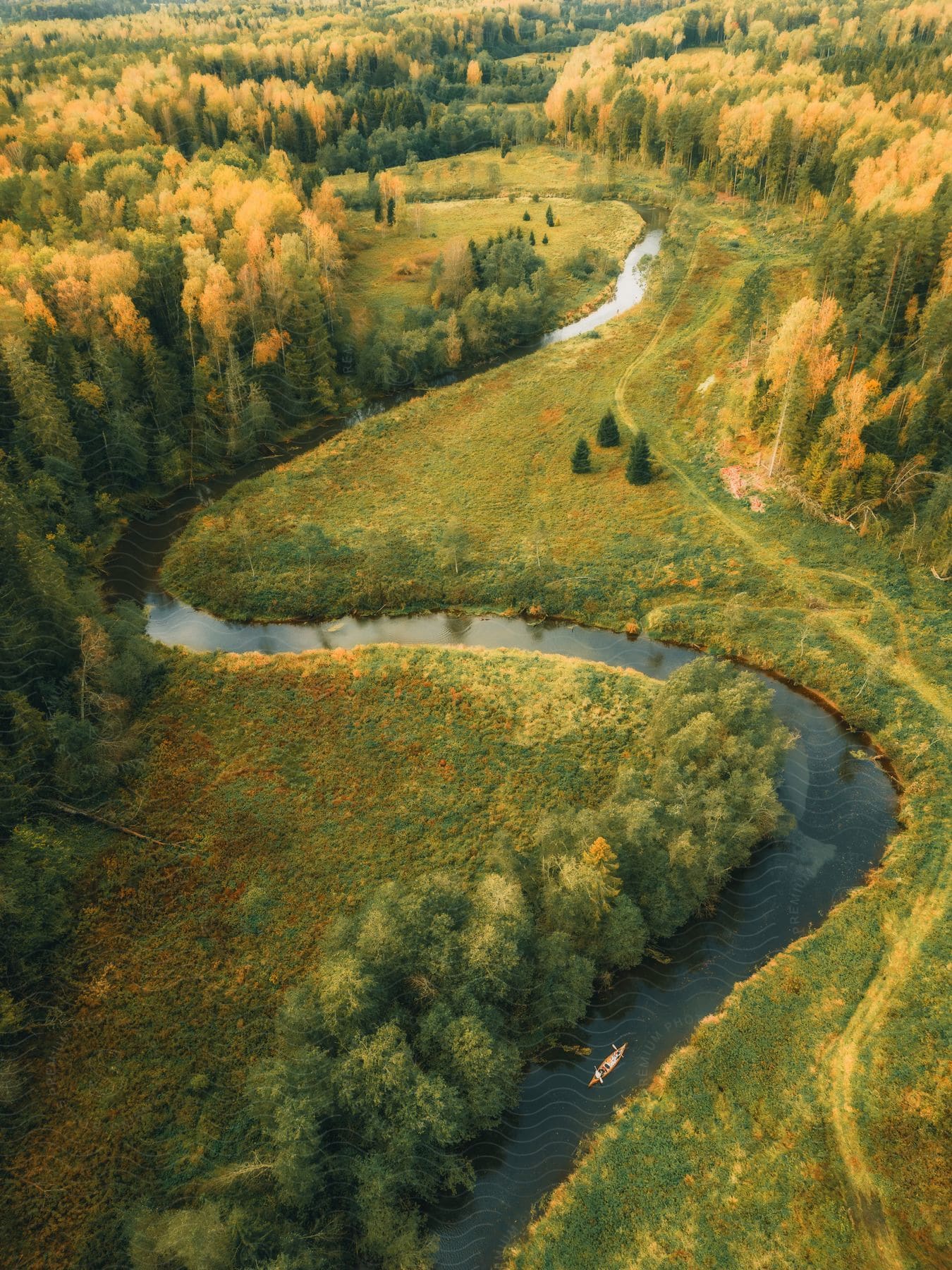 Aerial panorama of a winding river in the middle of a forest.