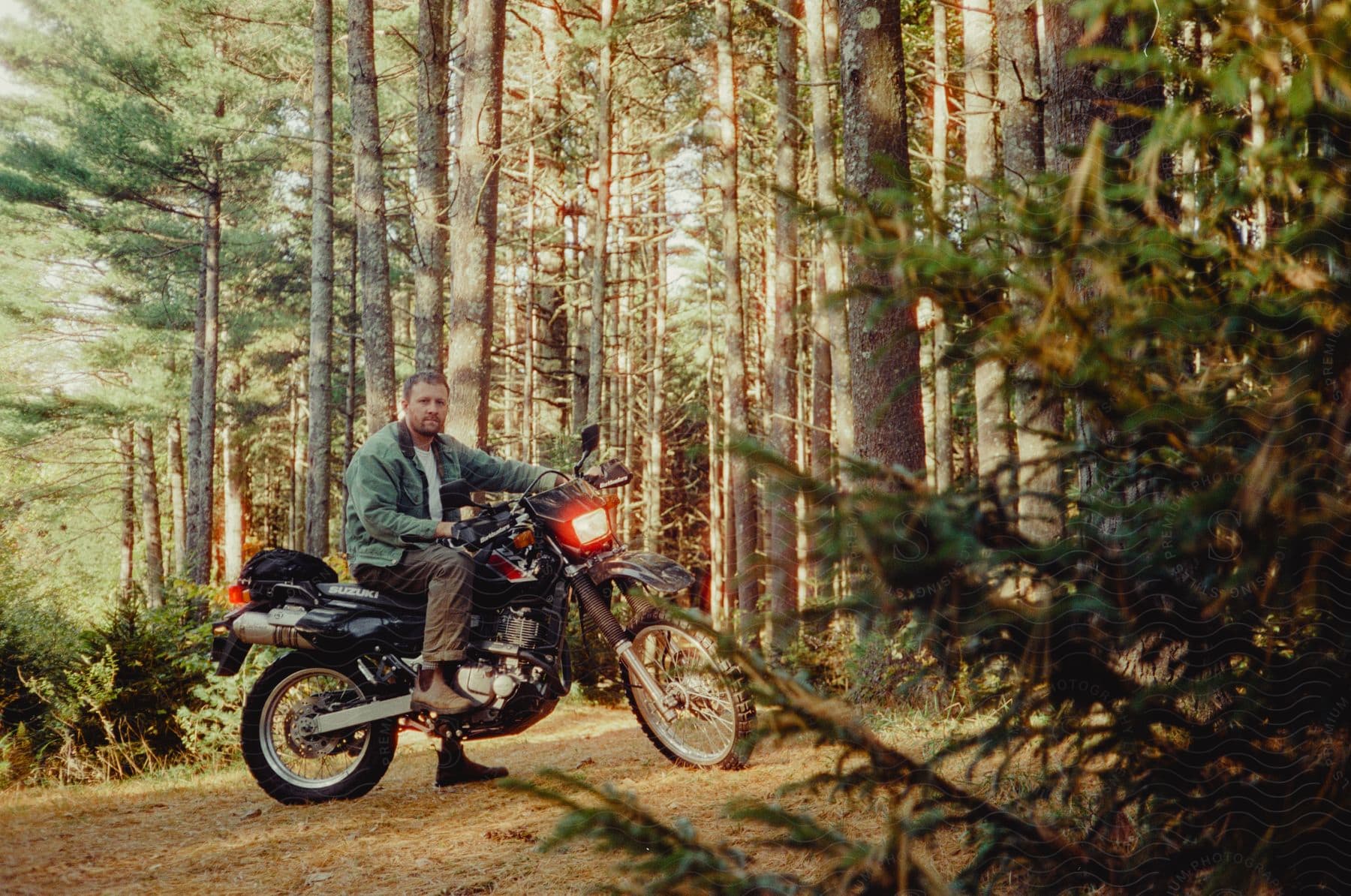 A man in a green jacket on a motorcycle takes a break on a dirt road in a pine forest, sunlight filtering through the trees.