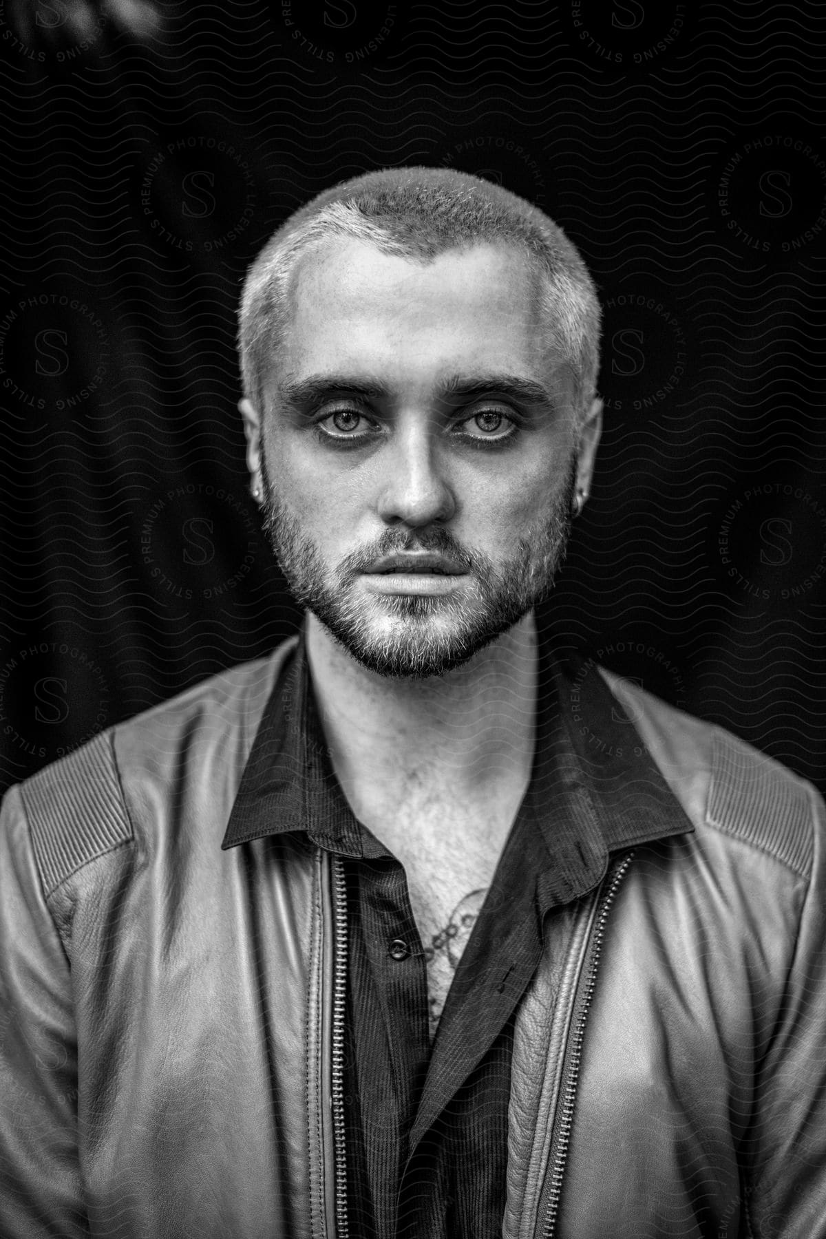 A young man with very short hair and a beard poses in a leather jacket.
