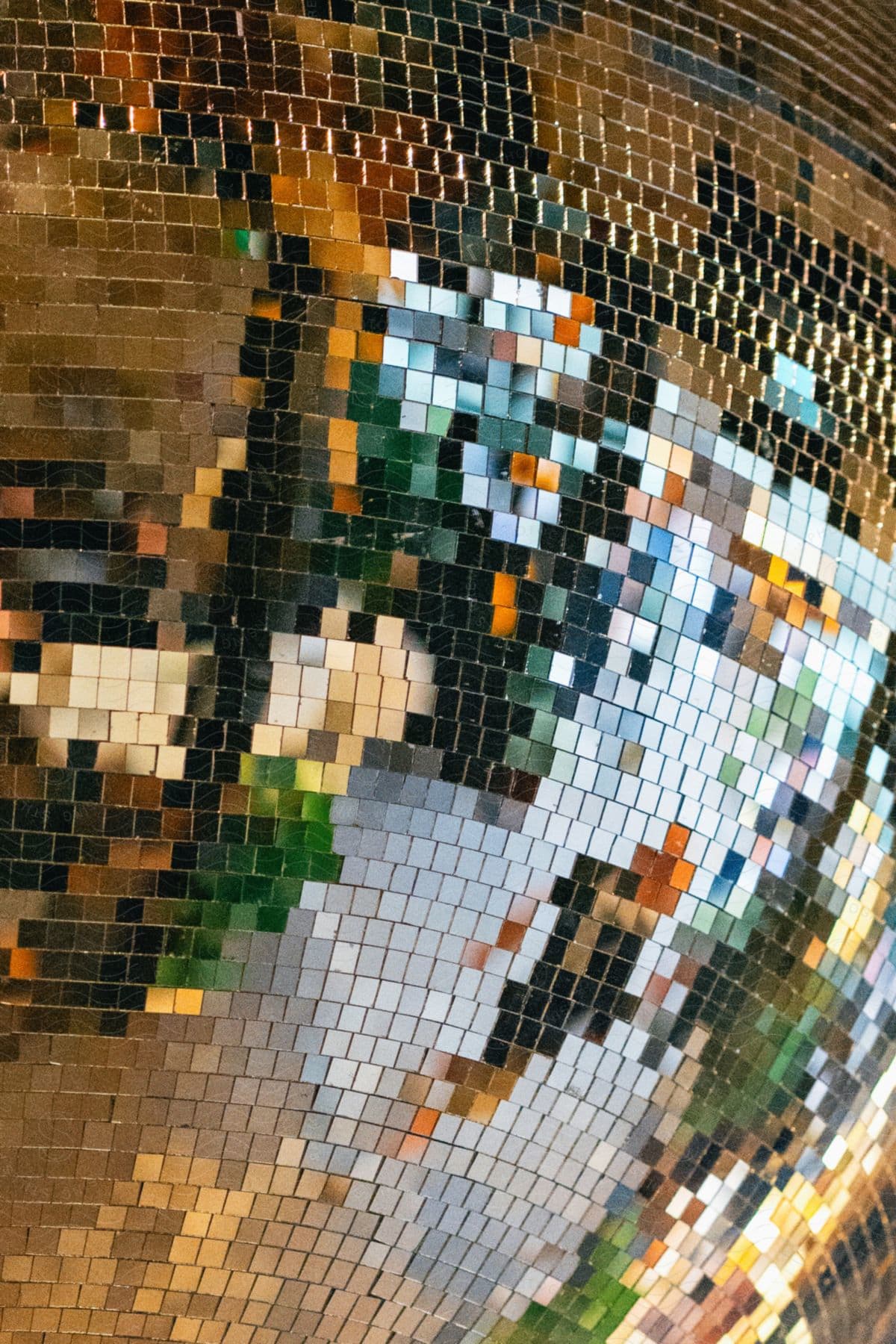 A close-up of a disco ball's glass squares reflecting the room around it.