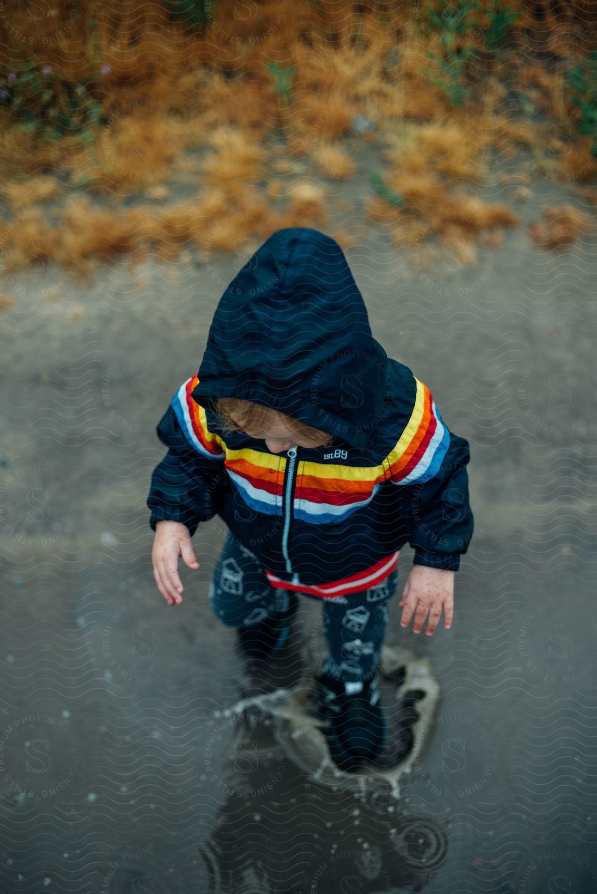 A child is walking and splashing in shallow water near the coast