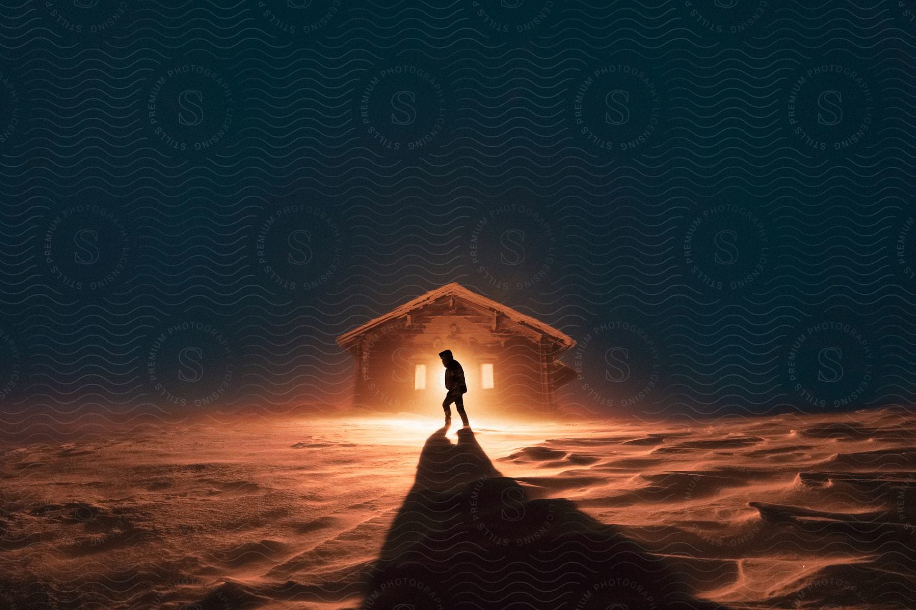 Silhouette of a person walking in the snow as a bright light glows in the house in the distance