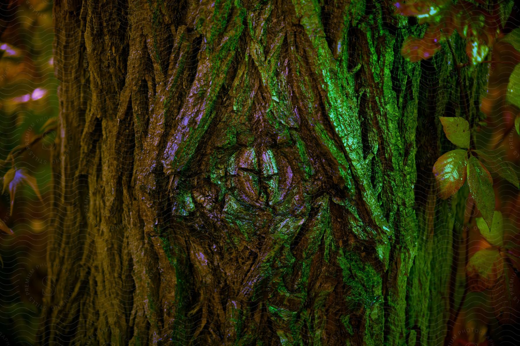 Bark and leaves of tree shine glossily in the light.