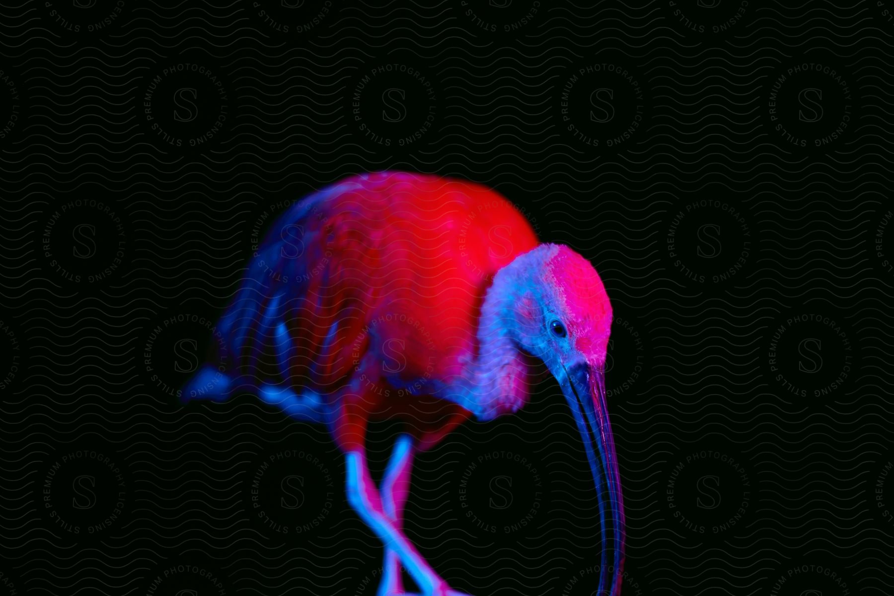 Stock photo of close-up of a scarlet ibis with contrasting red lights on a black background.