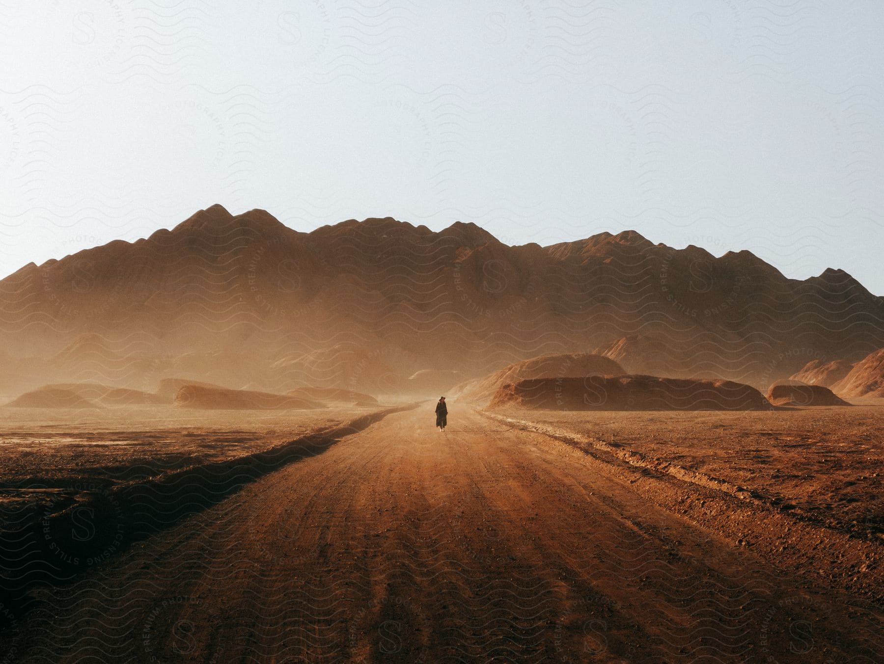 A distant person walks along a dirt road in the desert with mountains in the background