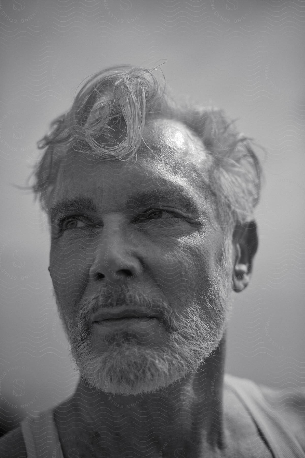 Black and white portrait of a bearded man wearing a tank top.