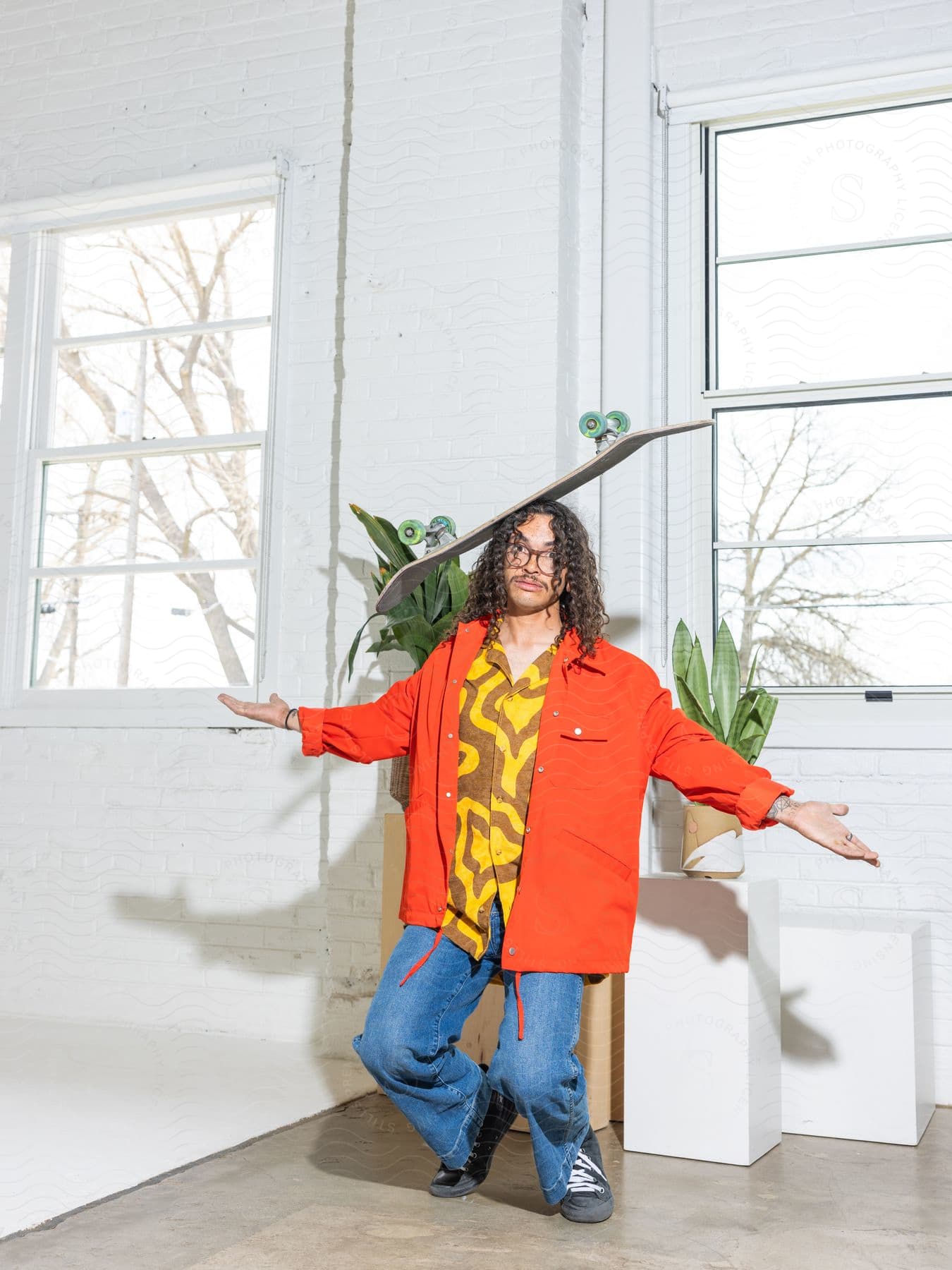 Man wearing bright colors balances skateboard on his head while half crouching near windows showing leafless trees.