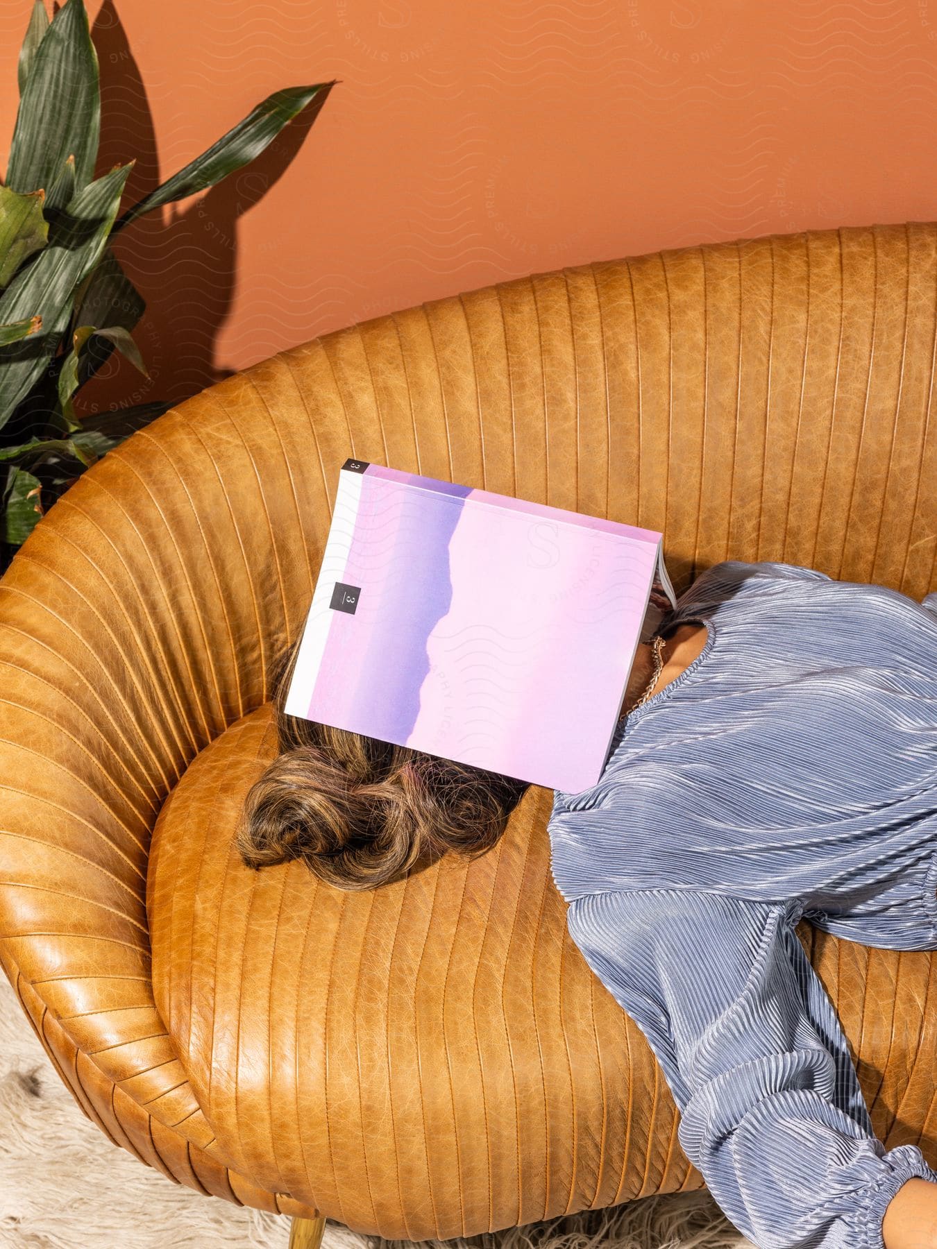 Stock photo of a young lady wearing a velvet shirt is lying on a couch and covering her face with a book