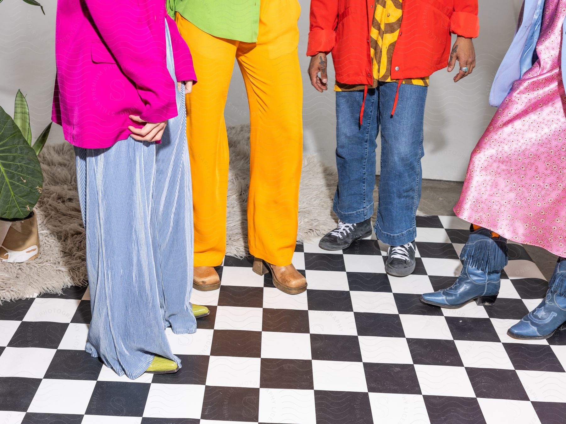 Four people dressed in bright colored clothes are standing together on a black and white checkered floor