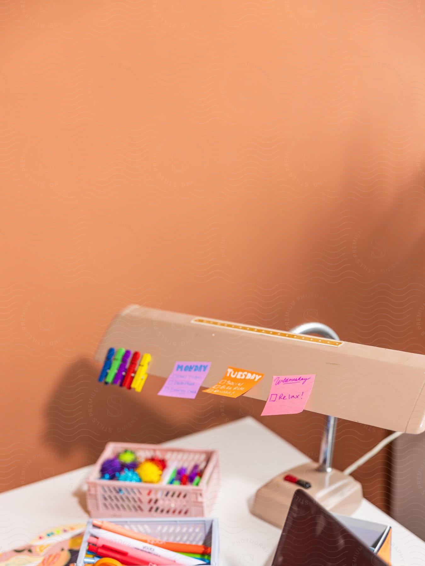 A desk lamp with colorful sticky notes attached, on a desk with a basket of markers, against an orange wall.