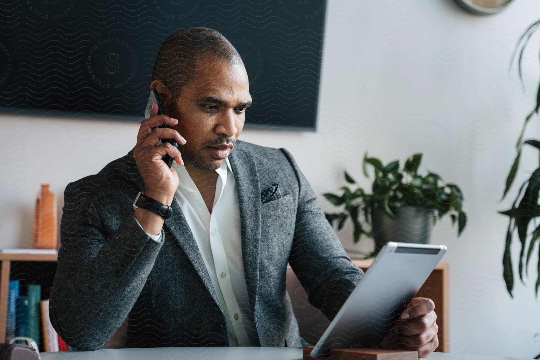 Businessman in a white shirt and a gray blazer jacket talks on smartphone while looking at tablet at the office