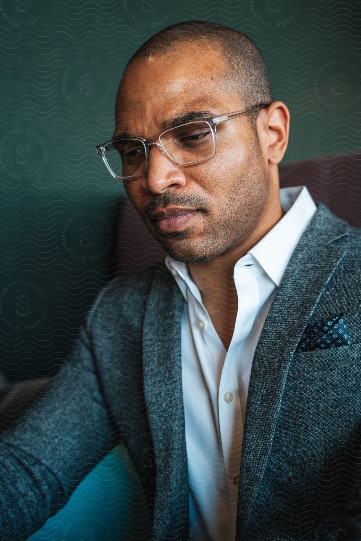 A man wearing glasses and a blazer sits while he concentrates on his work.