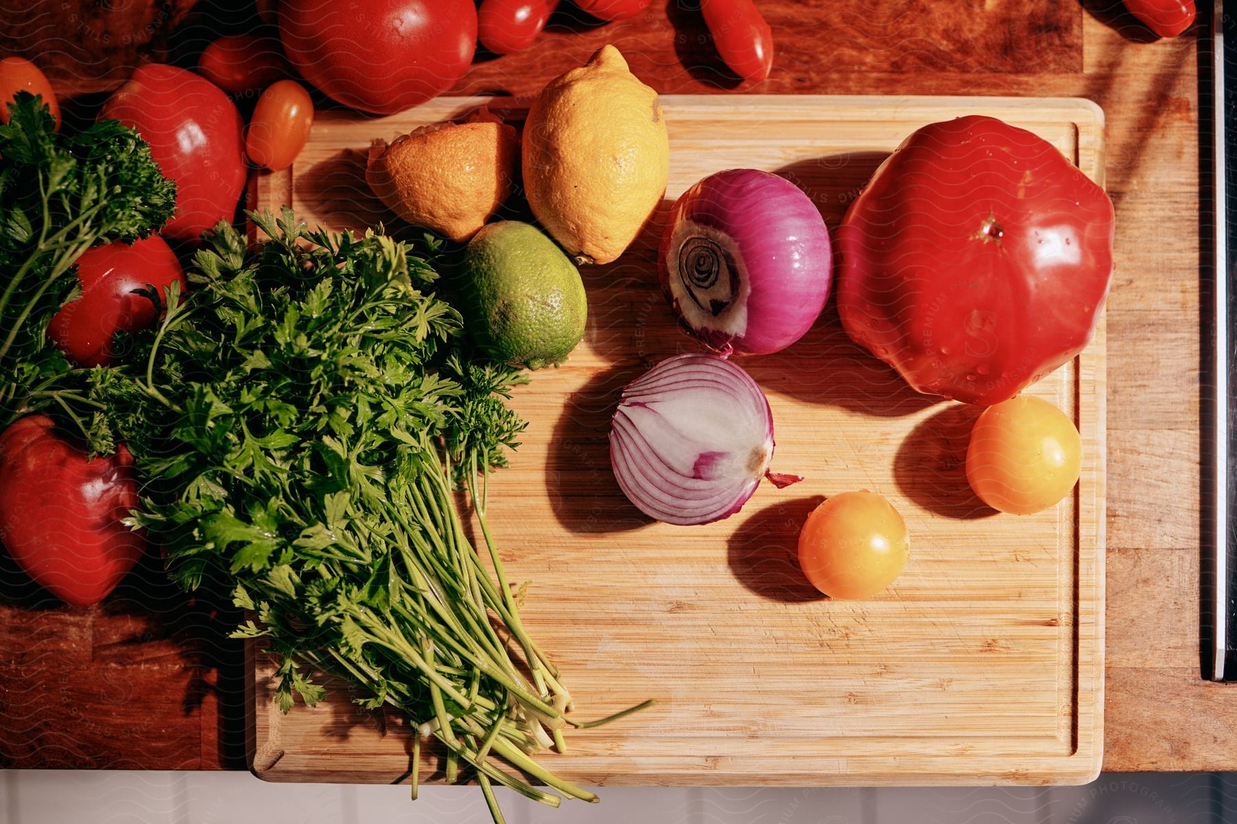 Fresh colorful vegetables on a wooden cutting board