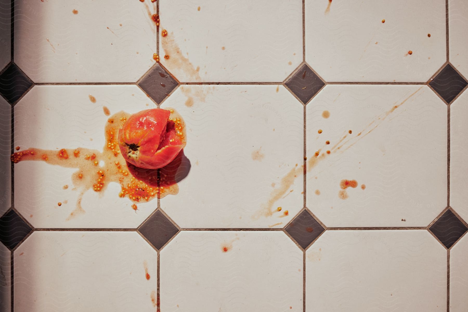 A smashed tomato is splattered on the floor