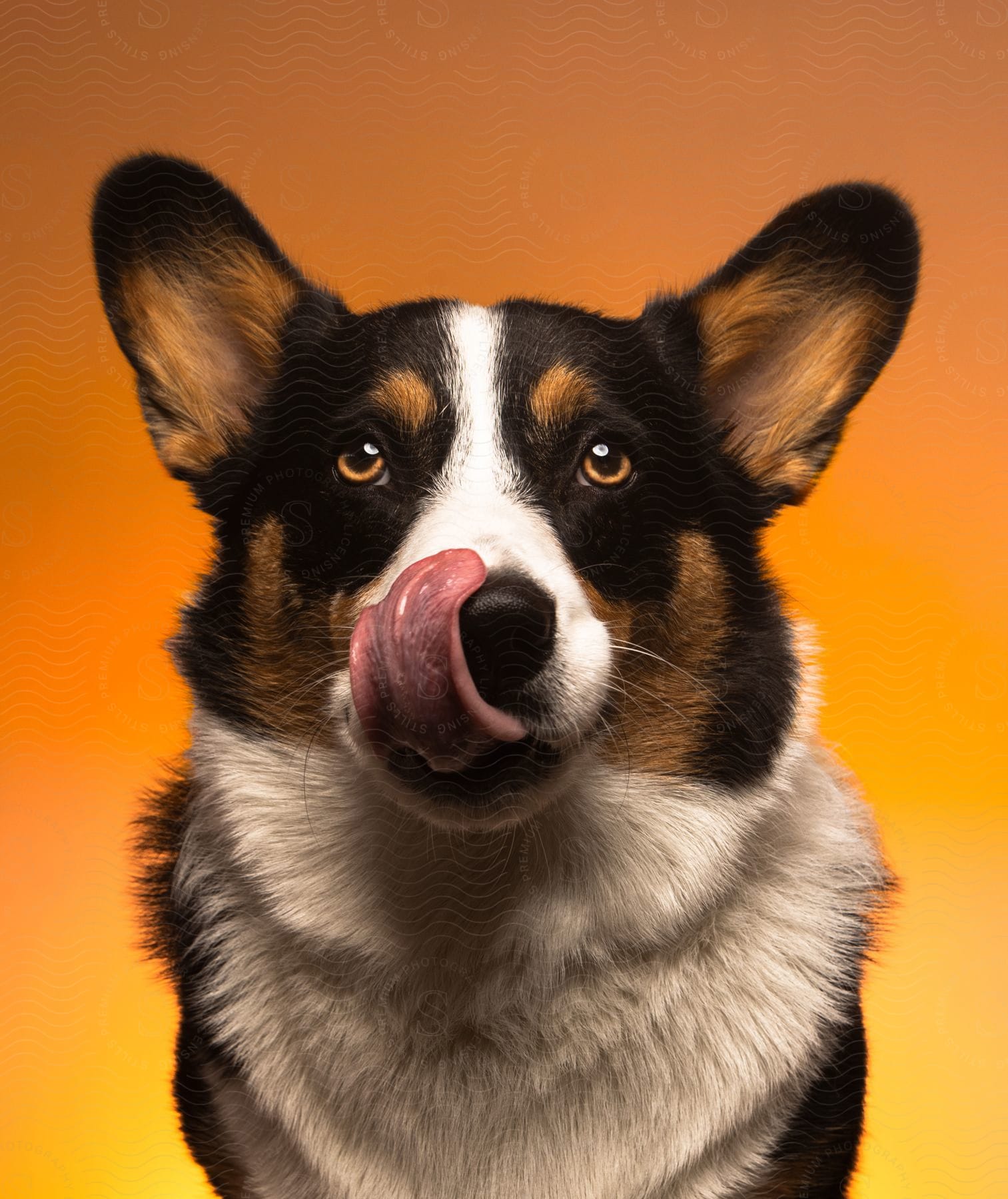 A dog looks up as it stretches out its tongue and licks its nose