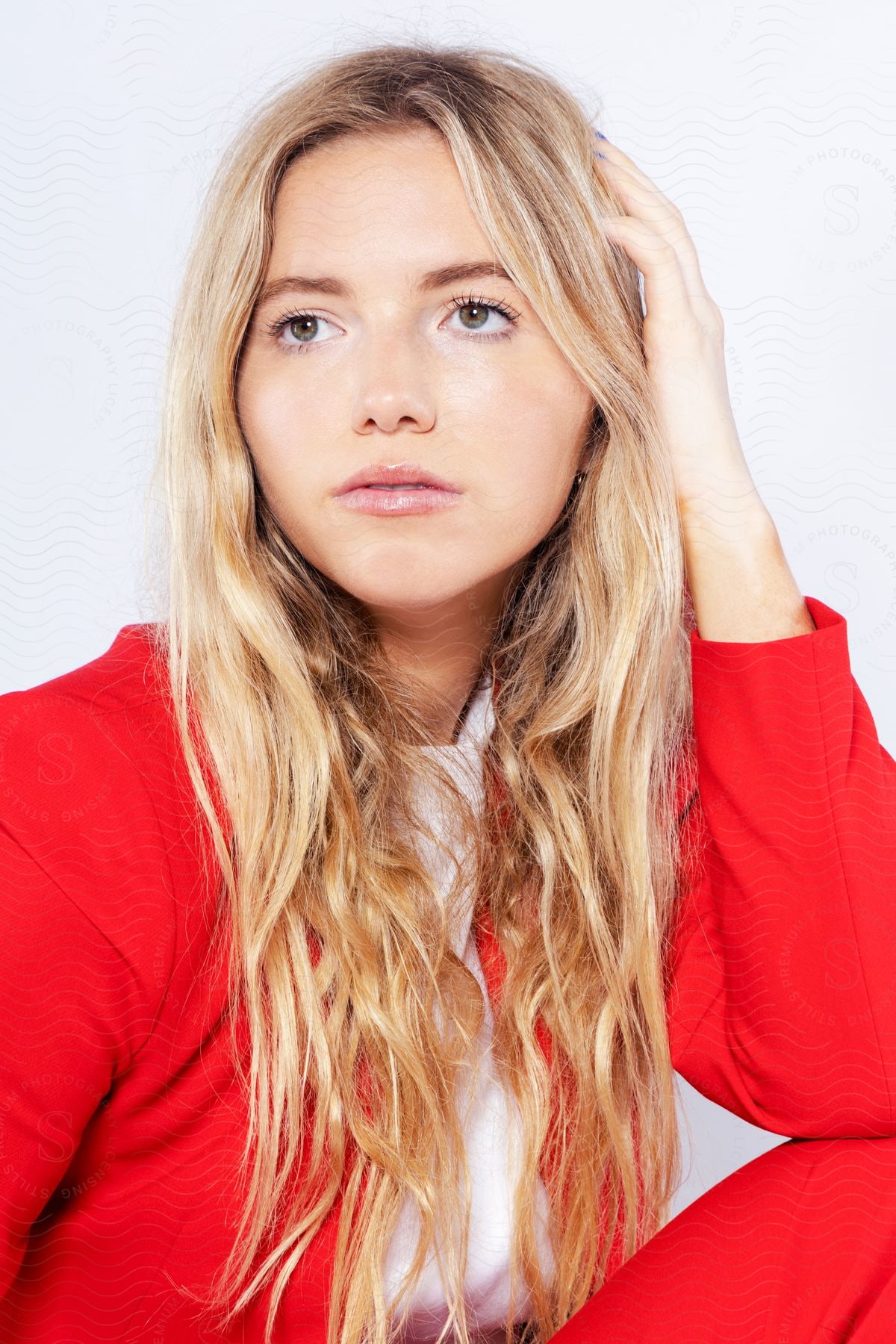 A teenage girl with long blond hair sits with her elbow on her knee and hand on her head as she looks up