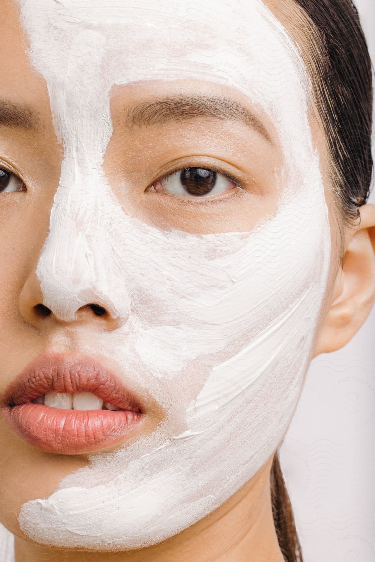 asian woman with white clay skincare mask