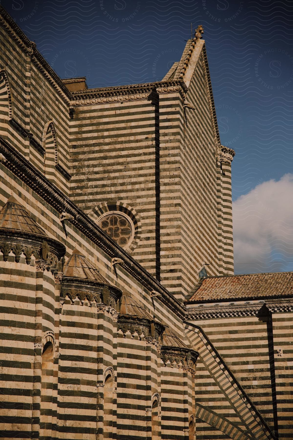 Striped building exterior walls and architectural details