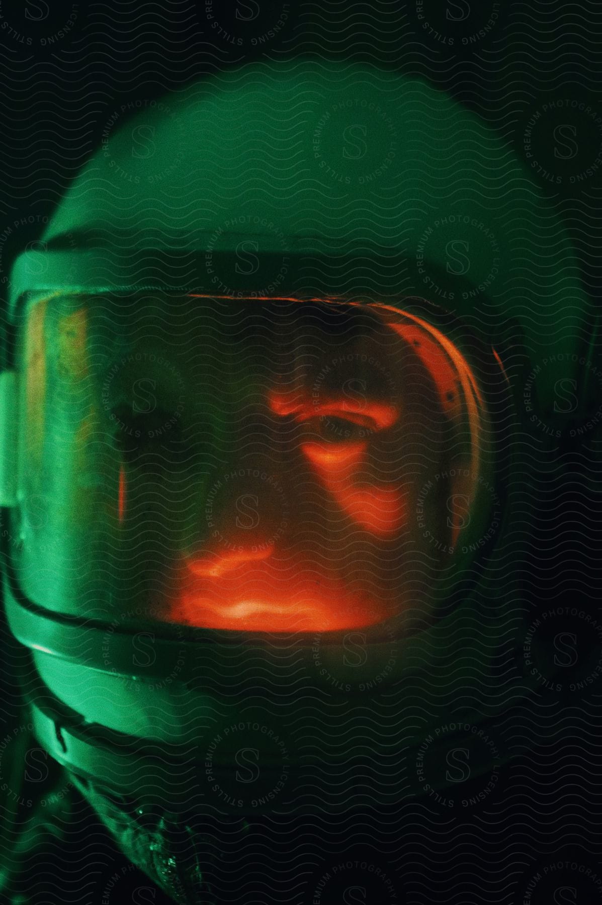 Close up of man  wearing a space helmet in a red light and green lighting