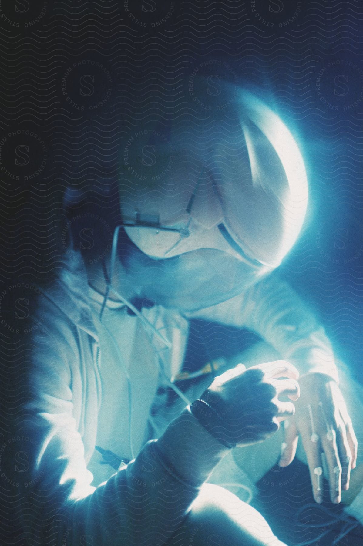 an astronaut in a spacesuit and space helmet sits in blue lighting.