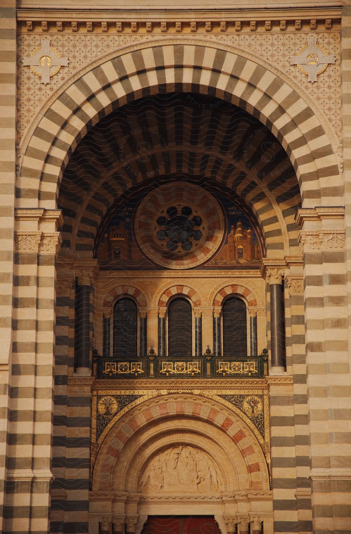 The exterior of Marseille Cathedral's entrance.