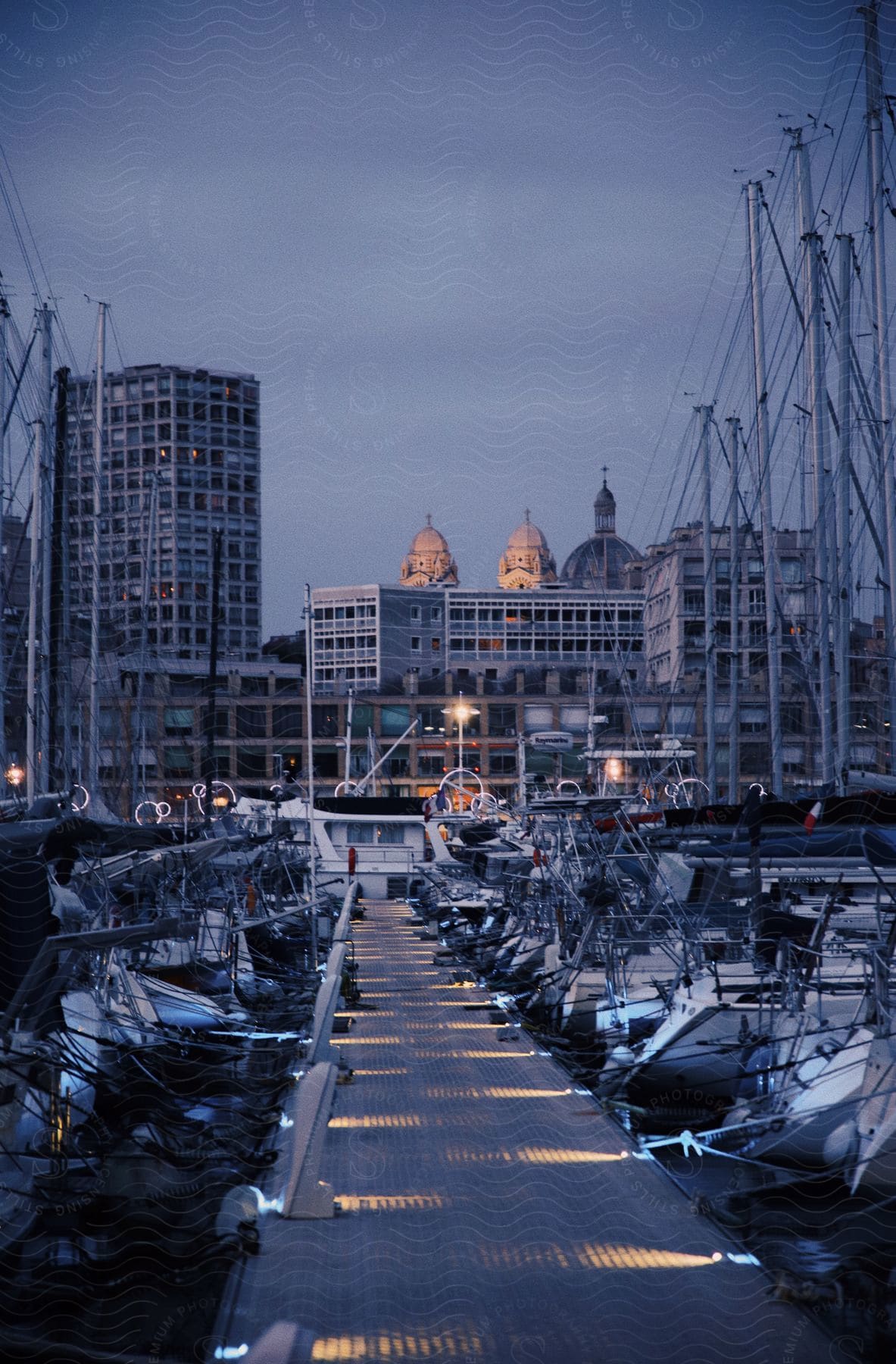 Boats are docked in the marina with city buildings in the distance