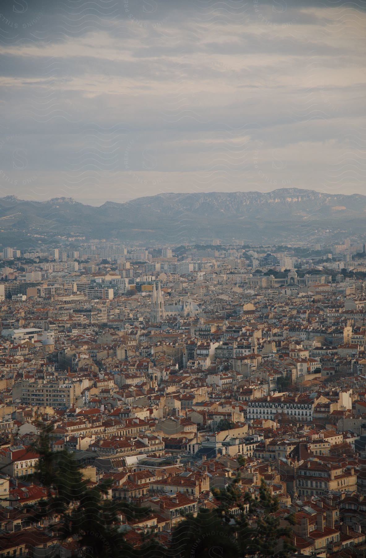 Smoggy red roofed city mountains on horzion