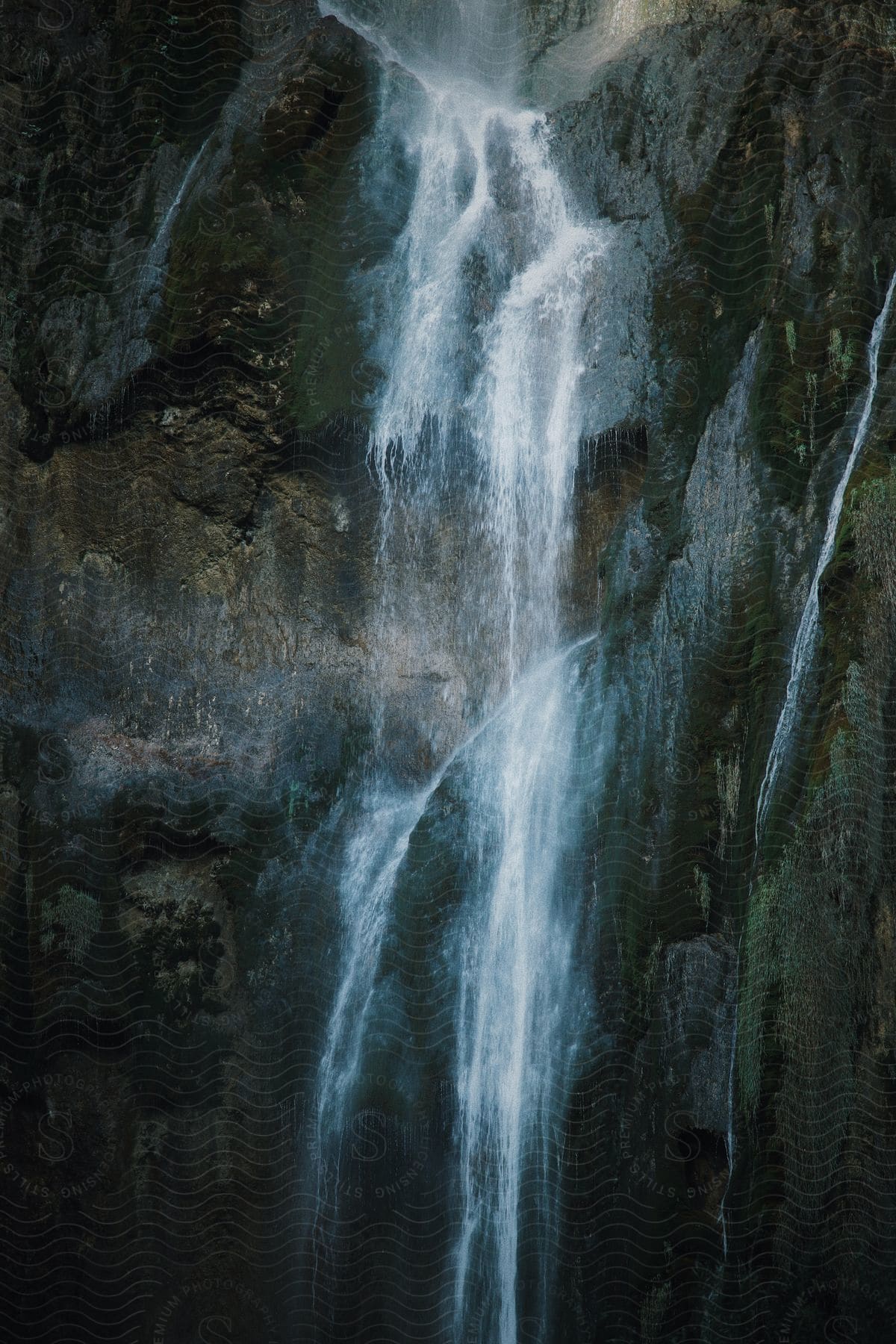 An oil painting depicting a waterfall cascading down.