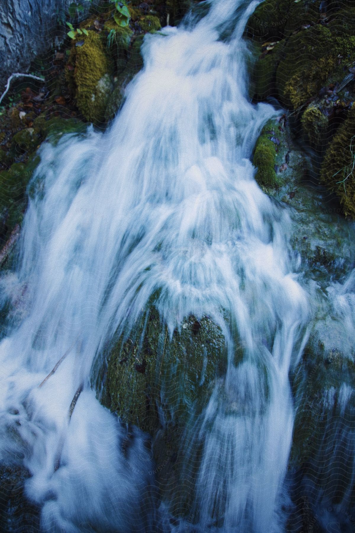 Close up of a stream flowing down rocks covered in moss