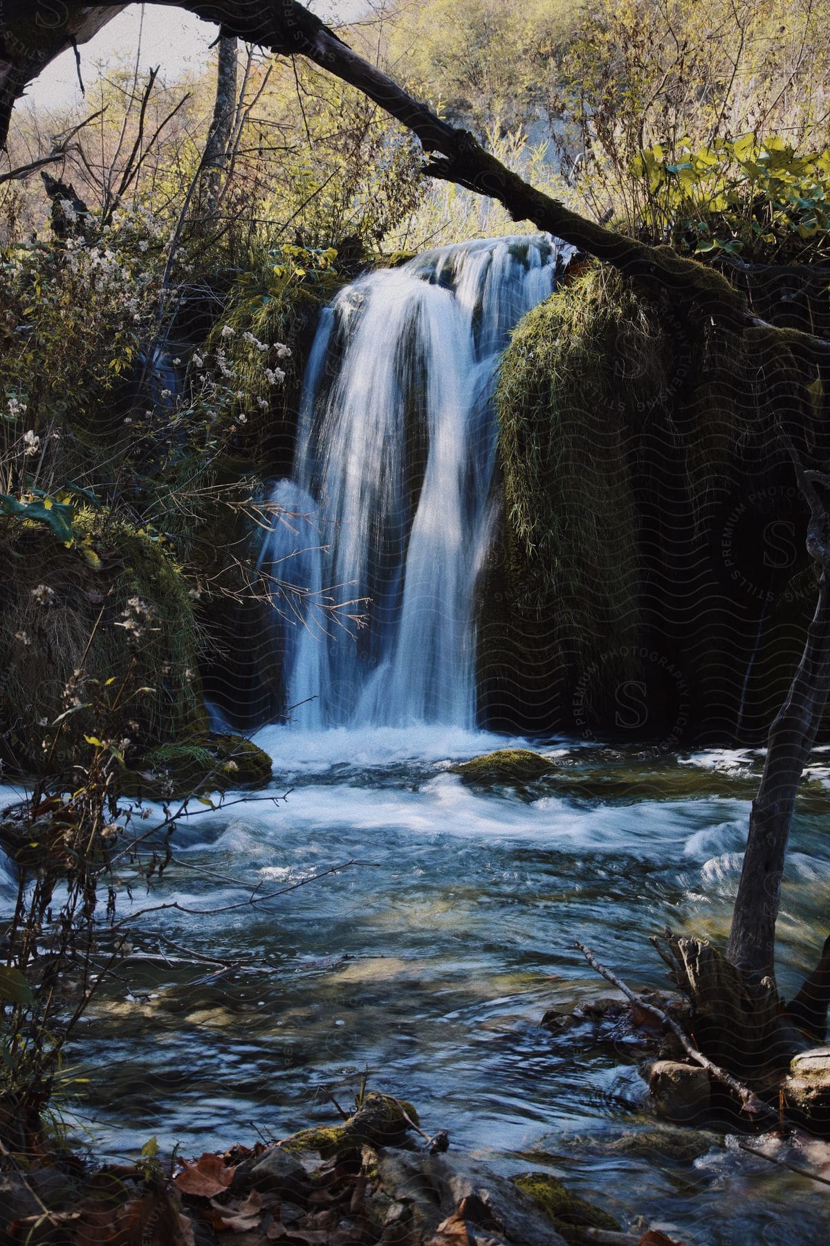 View of a small waterfall in a natural setting.