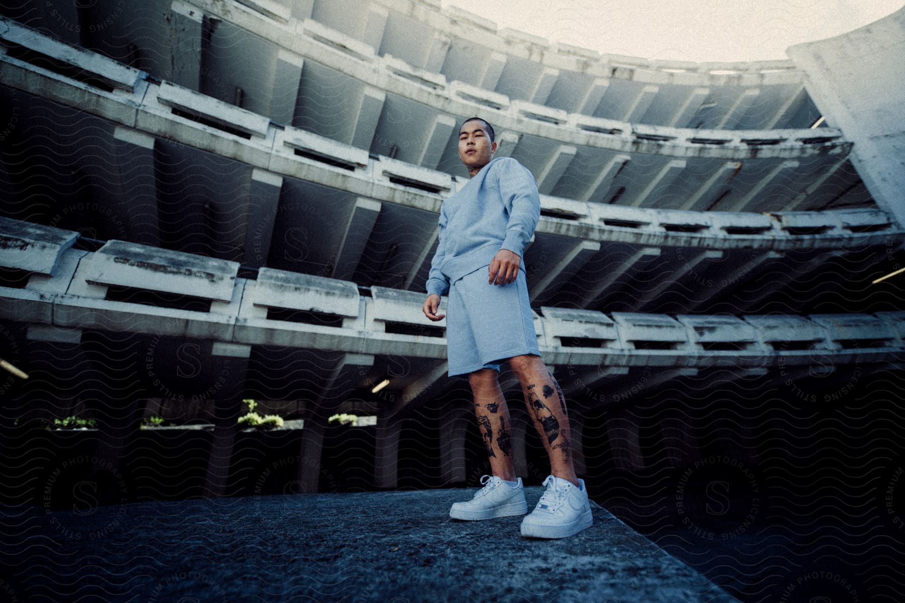 A man stands in a blue sweatshirt and shorts, with tattooed legs, in a large curved concrete parking structure.