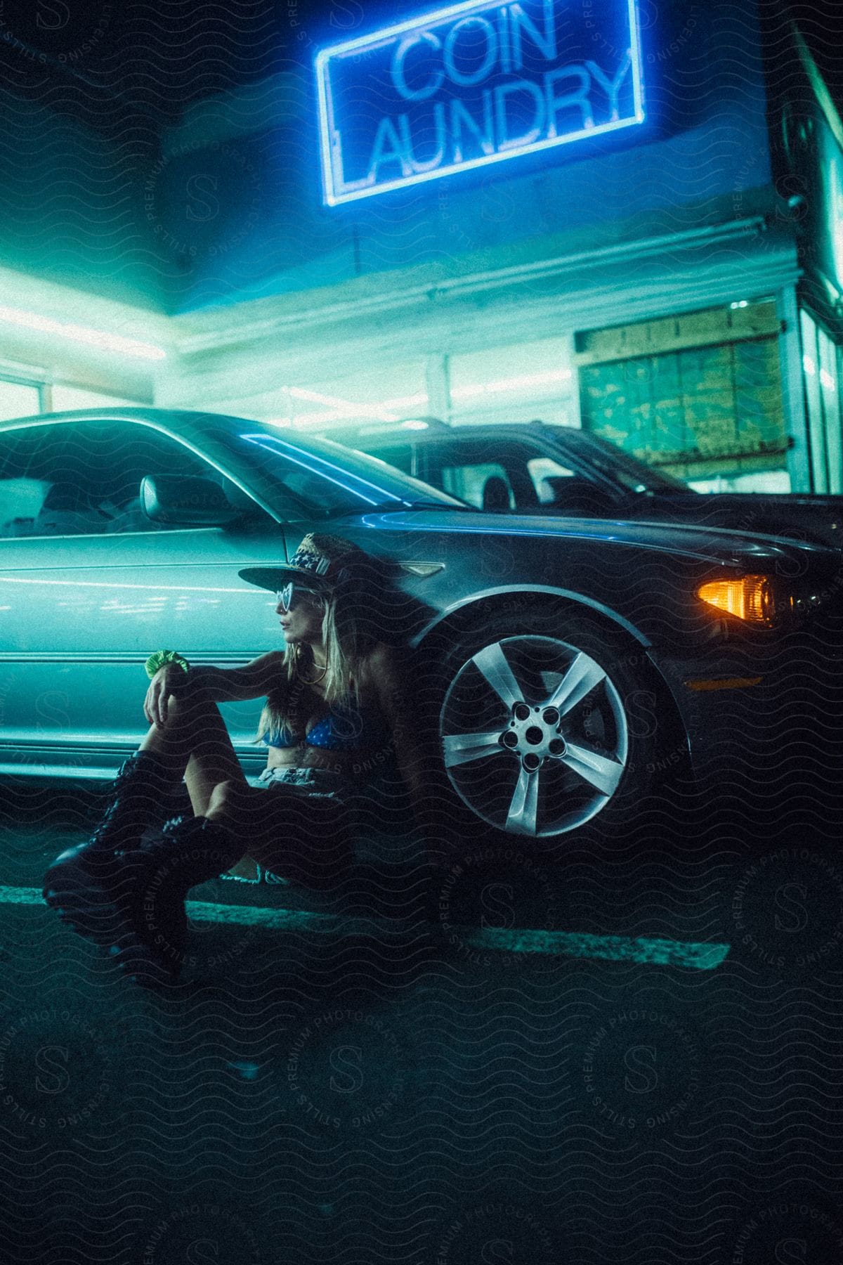 A woman posing sitting next to a car at night