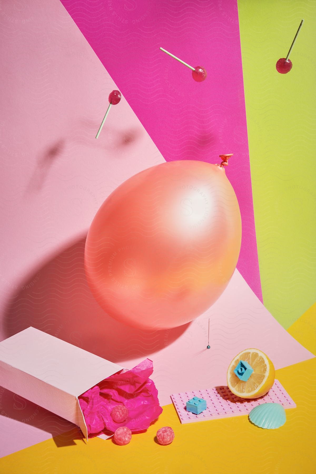 A pink balloon, a half lemon, a pink candy box, a light blue seashell, and falling lollipops on a colorful background.