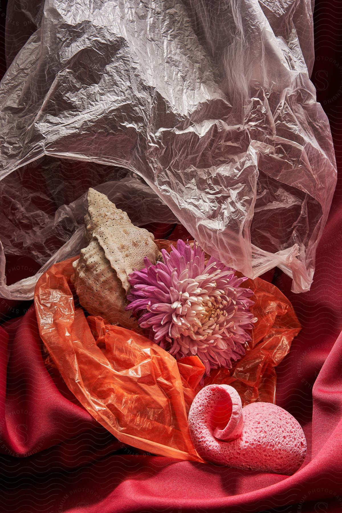 a transparent plastic bag filled with flowers, seashells, and a pink sponge sitting on a red cloth.