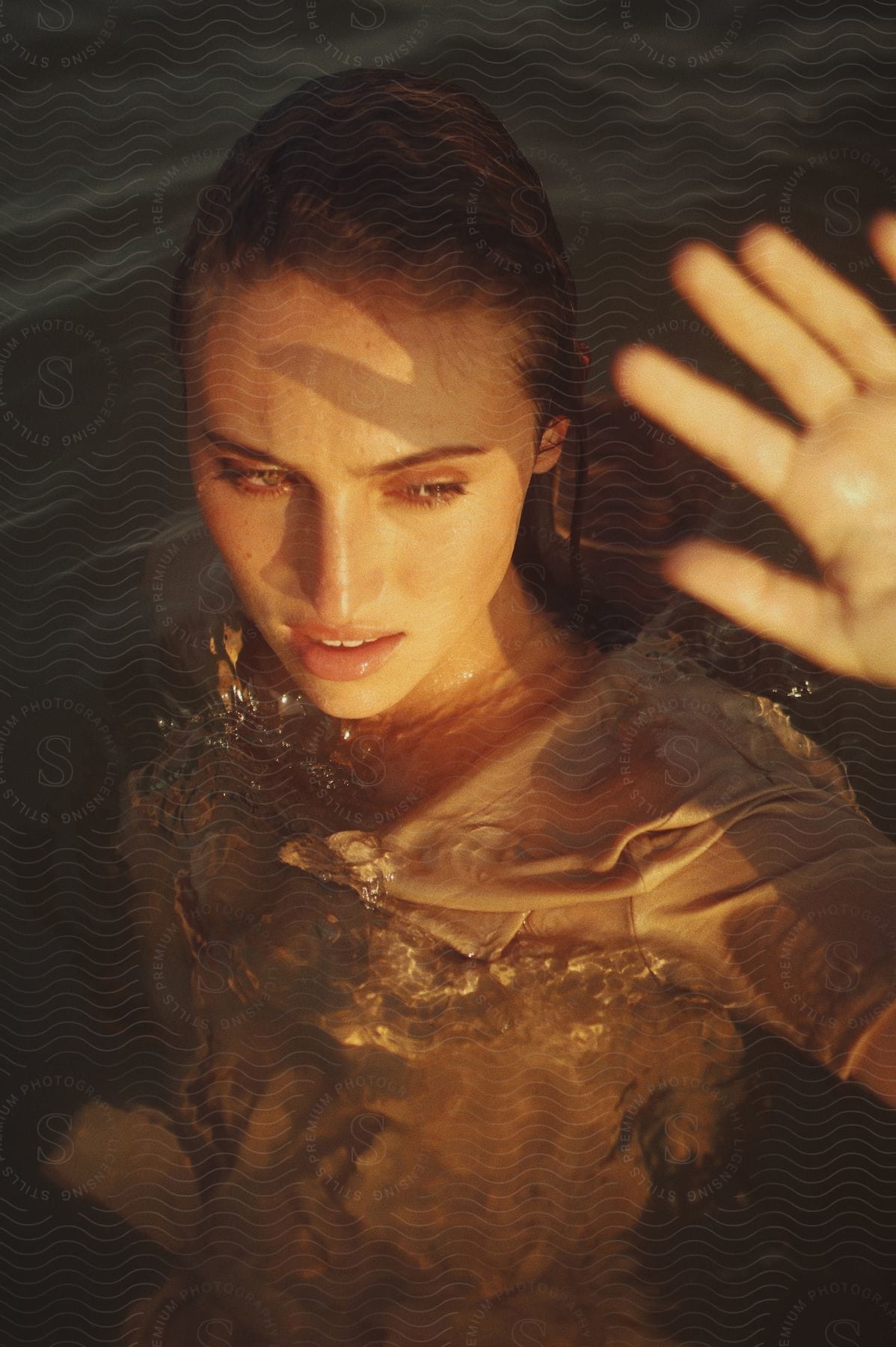 A woman in a brown dress swimming in the water, gazing at the sunset.