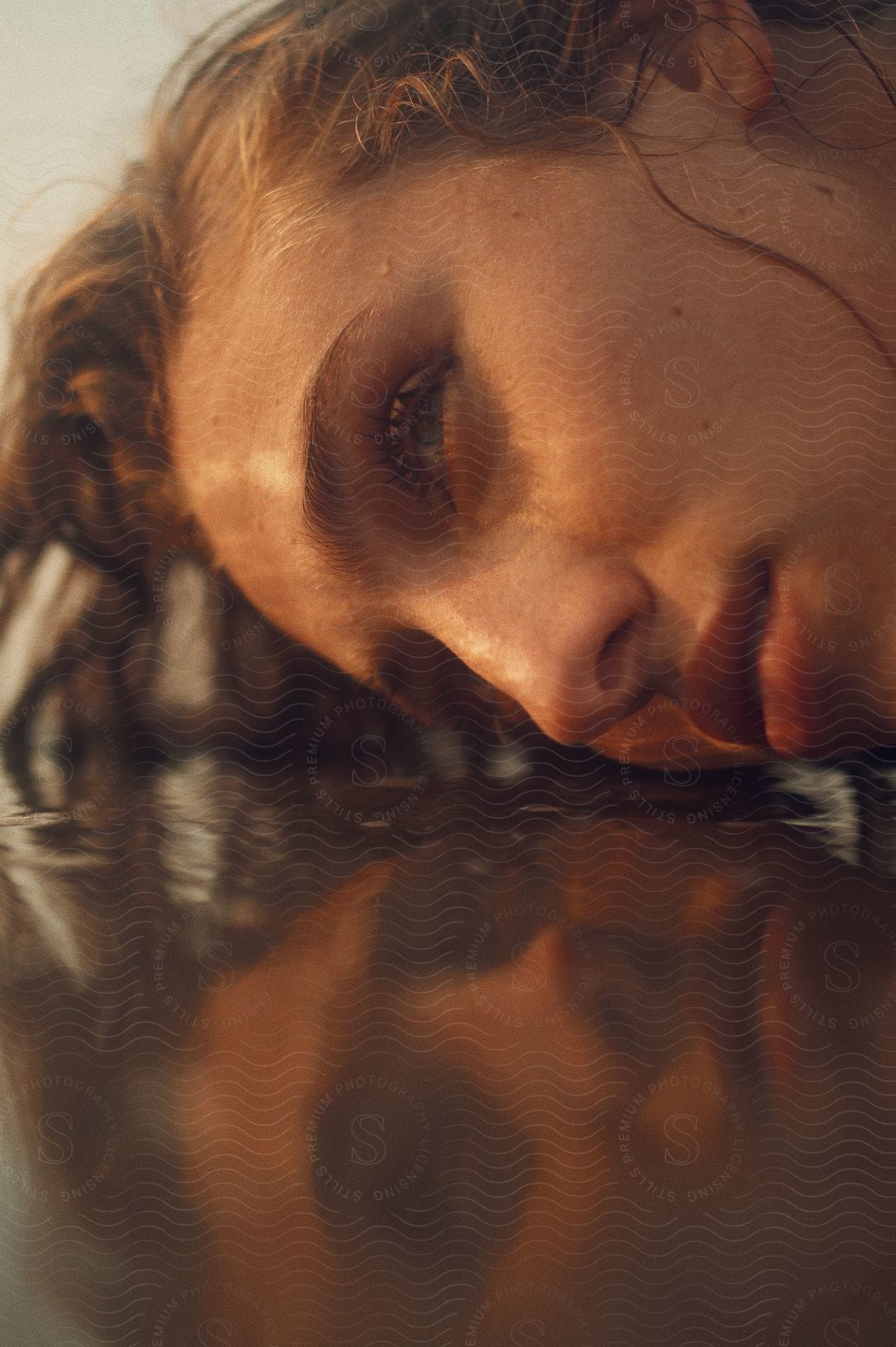 Close up of a blonde woman's face resting on a wet sandy beach.