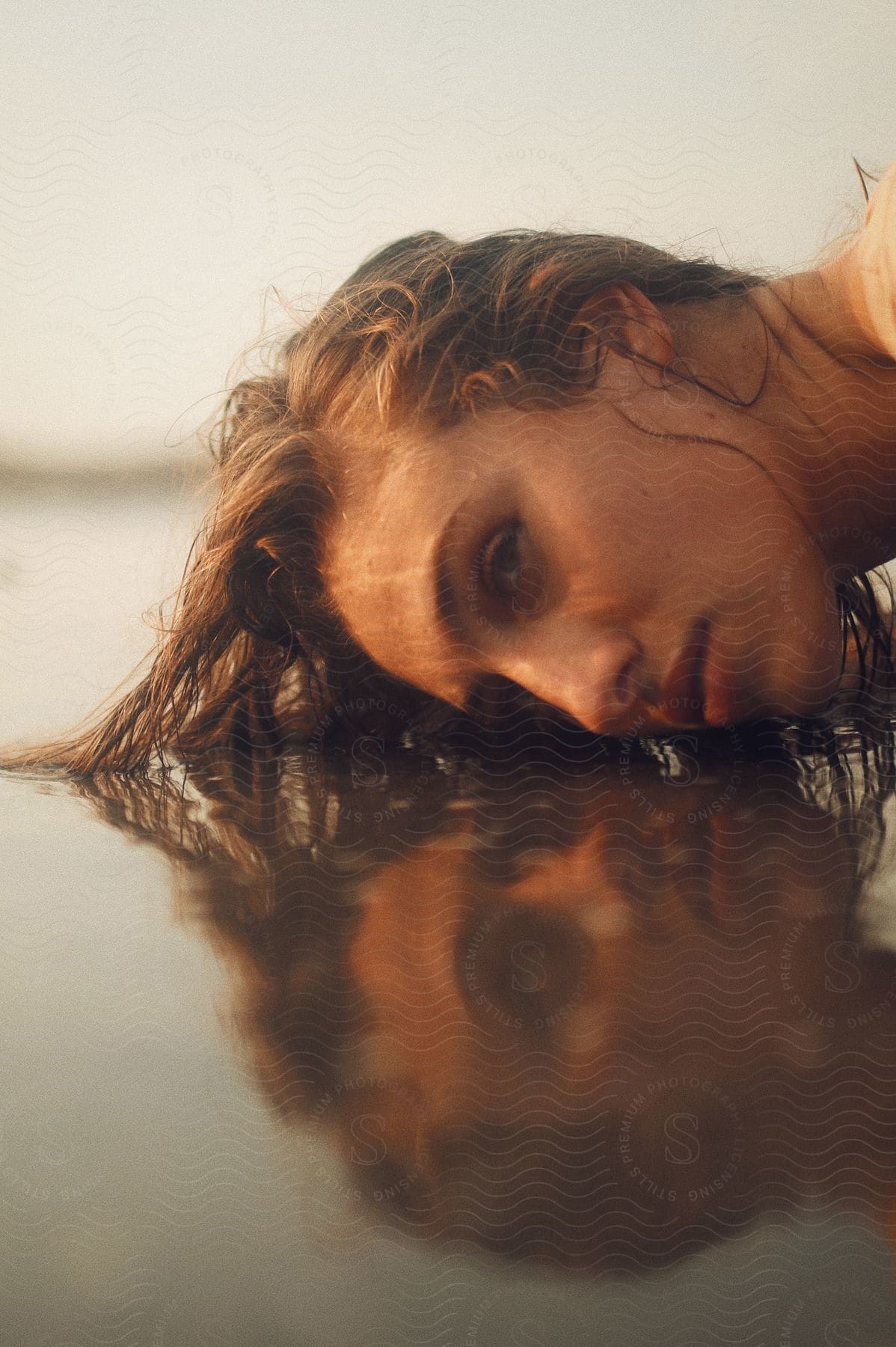 Portrait of a woman's face on wet beach sand with reflection.