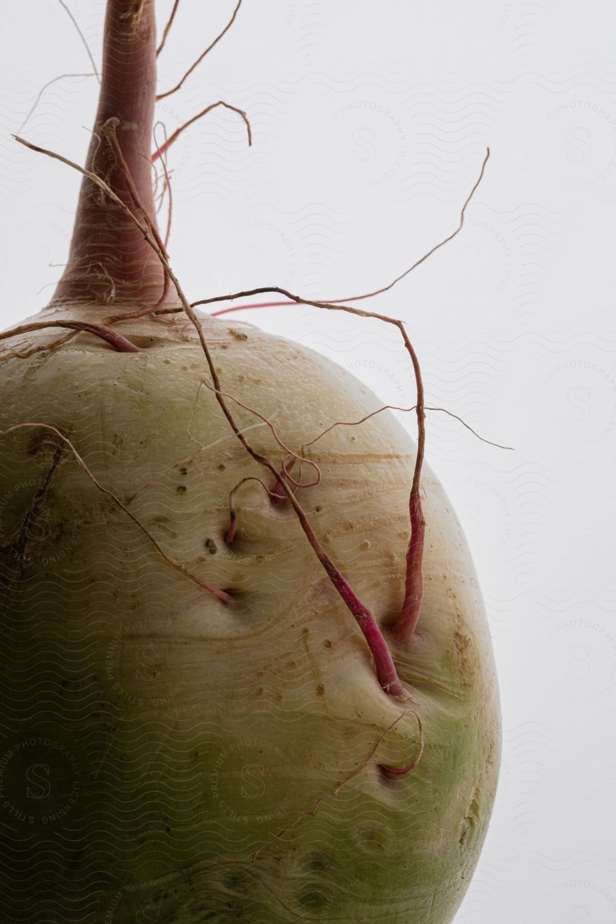 A vibrant green watermelon radish with vibrant red roots, isolated against a clean white background.