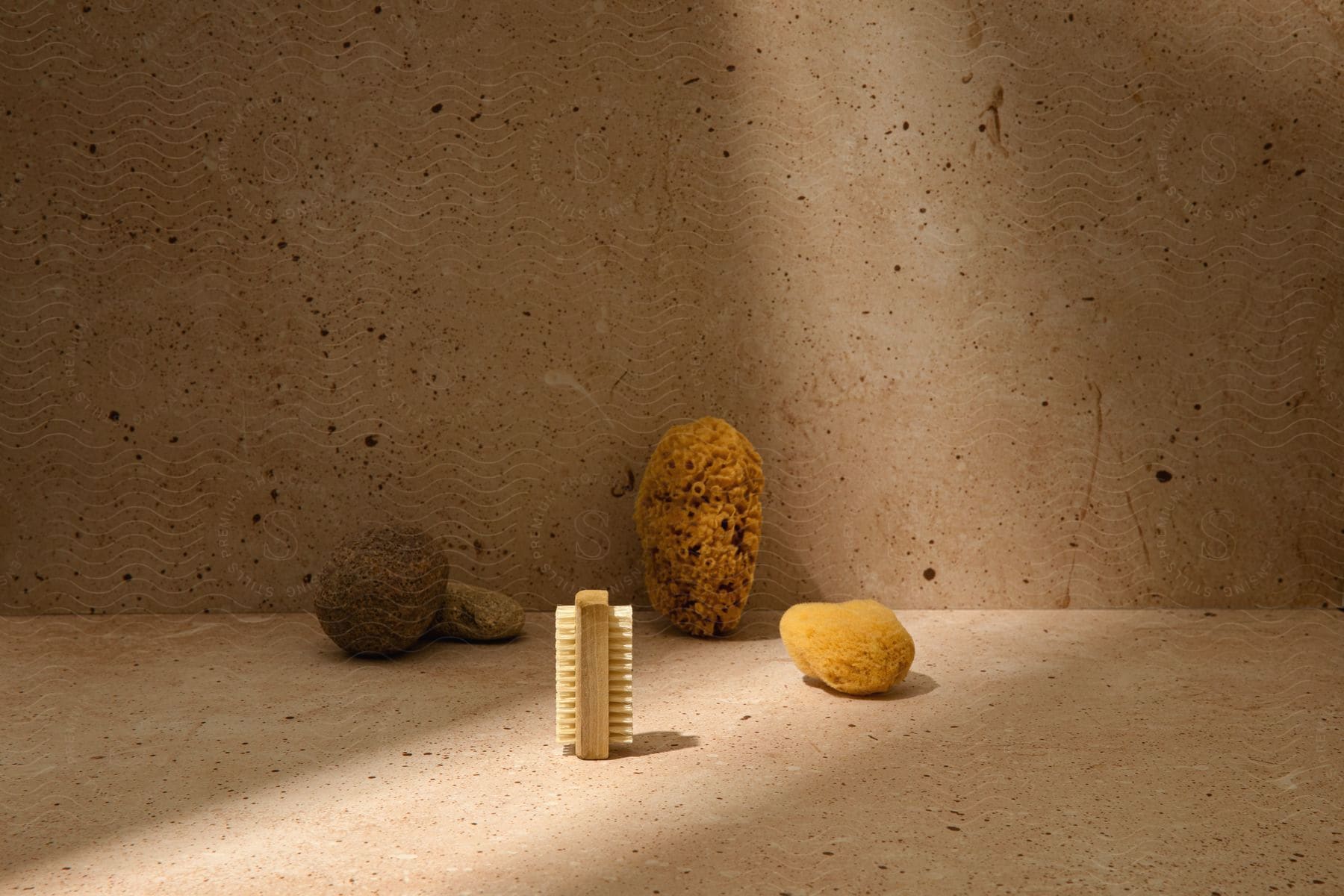 Bath objects, including a nail brush, sea sponges, and a pumice stone, neatly arranged against a wall