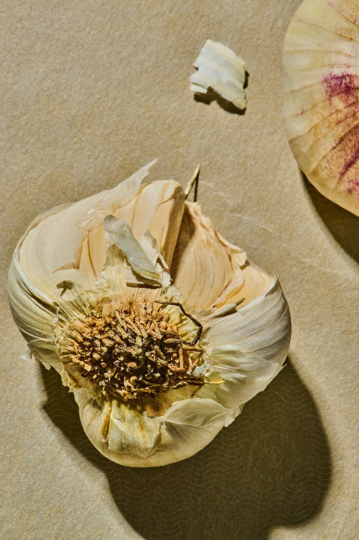 Stock photo of the peeling on a bulb of garlic is dry and flaking off onto the surface beneath it.