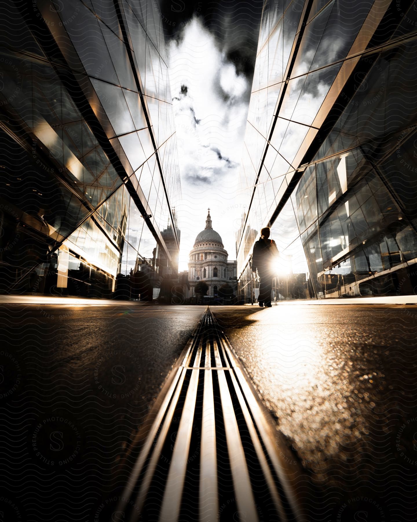 A man walks on a road between buildings with St Paul's Cathedral in the distance