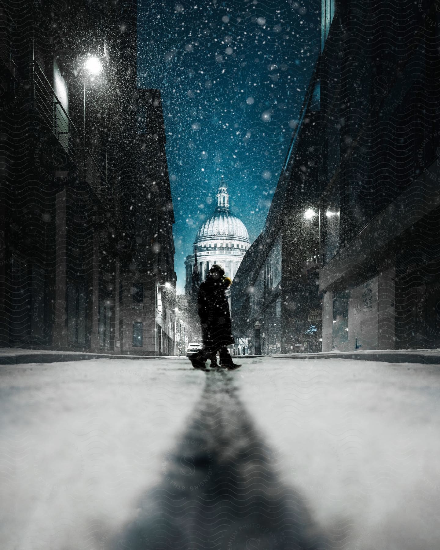 Art of a snow-covered street in a city at night.