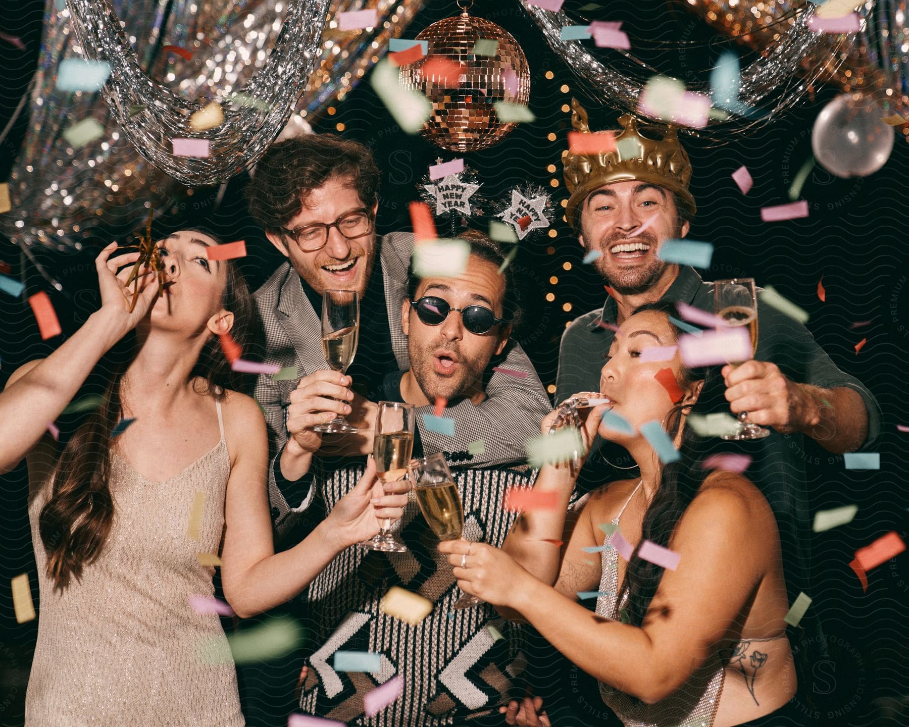 A group of joyful people celebrating, with party hats and champagne, amidst falling confetti and disco balls.