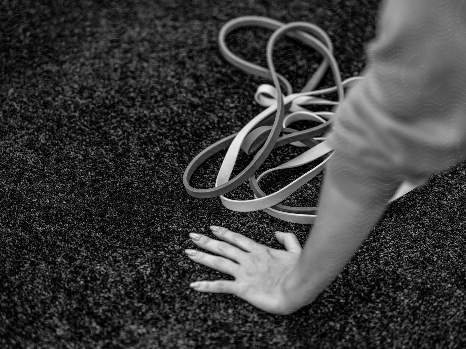 A person's hand on the floor next to a pile of resistance bands.