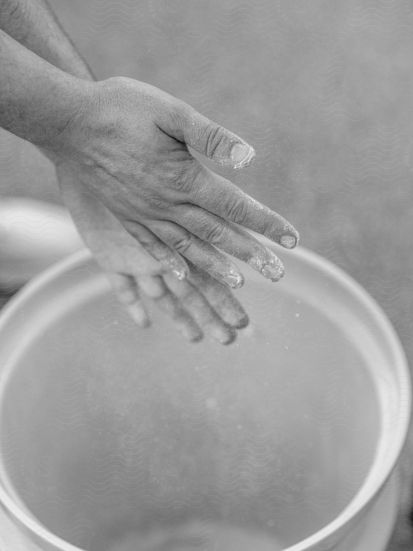 A potter runs their hands around the edge of a wide vase they are making