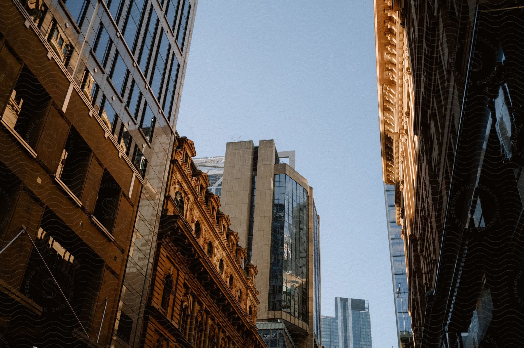 Looking up at office buildings in a city center.